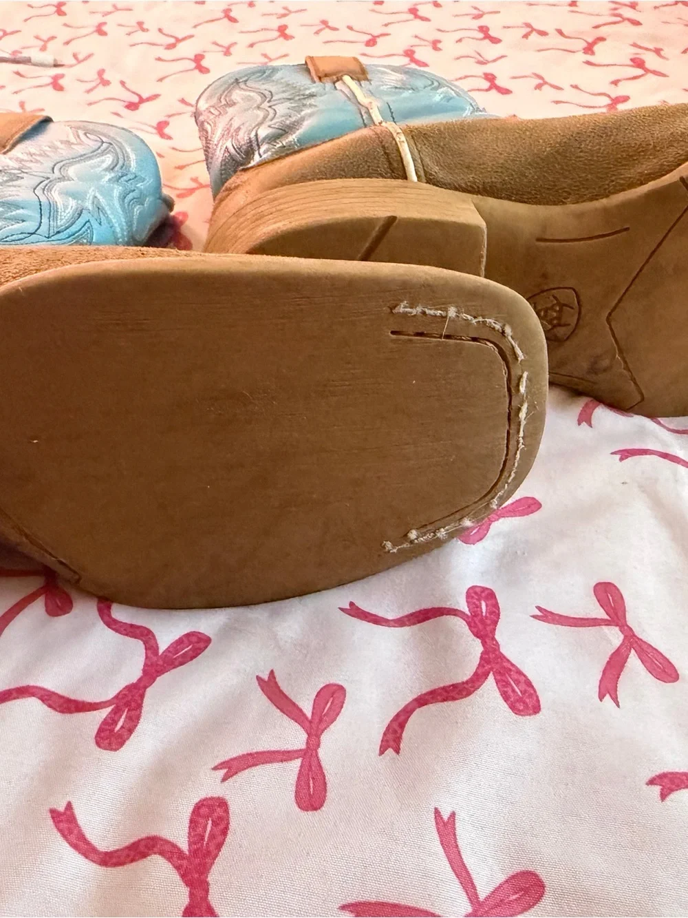 Ariat Brown Suede and Light Blue Embroidered Western Ankle Boots
